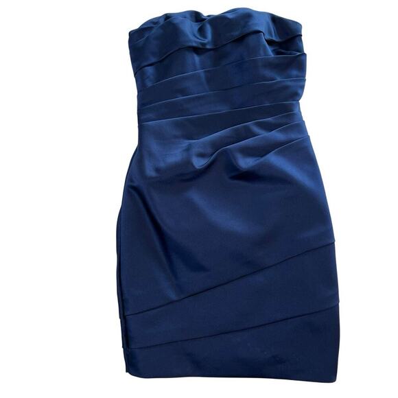 DAVIDS BRIDAL Womens Strapless Satin Bridesmaid Dress Navy Pleated Tiered Size 2 - Picture 1 of 5